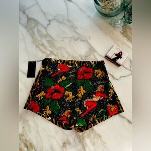 R13 Black Floral & Leopard Print Satin Shorts with Red Flowers